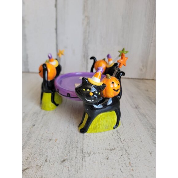 Halloween ceramics spooky cat 3 wick candle holder pumpkin home decor unique - Picture 5 of 7